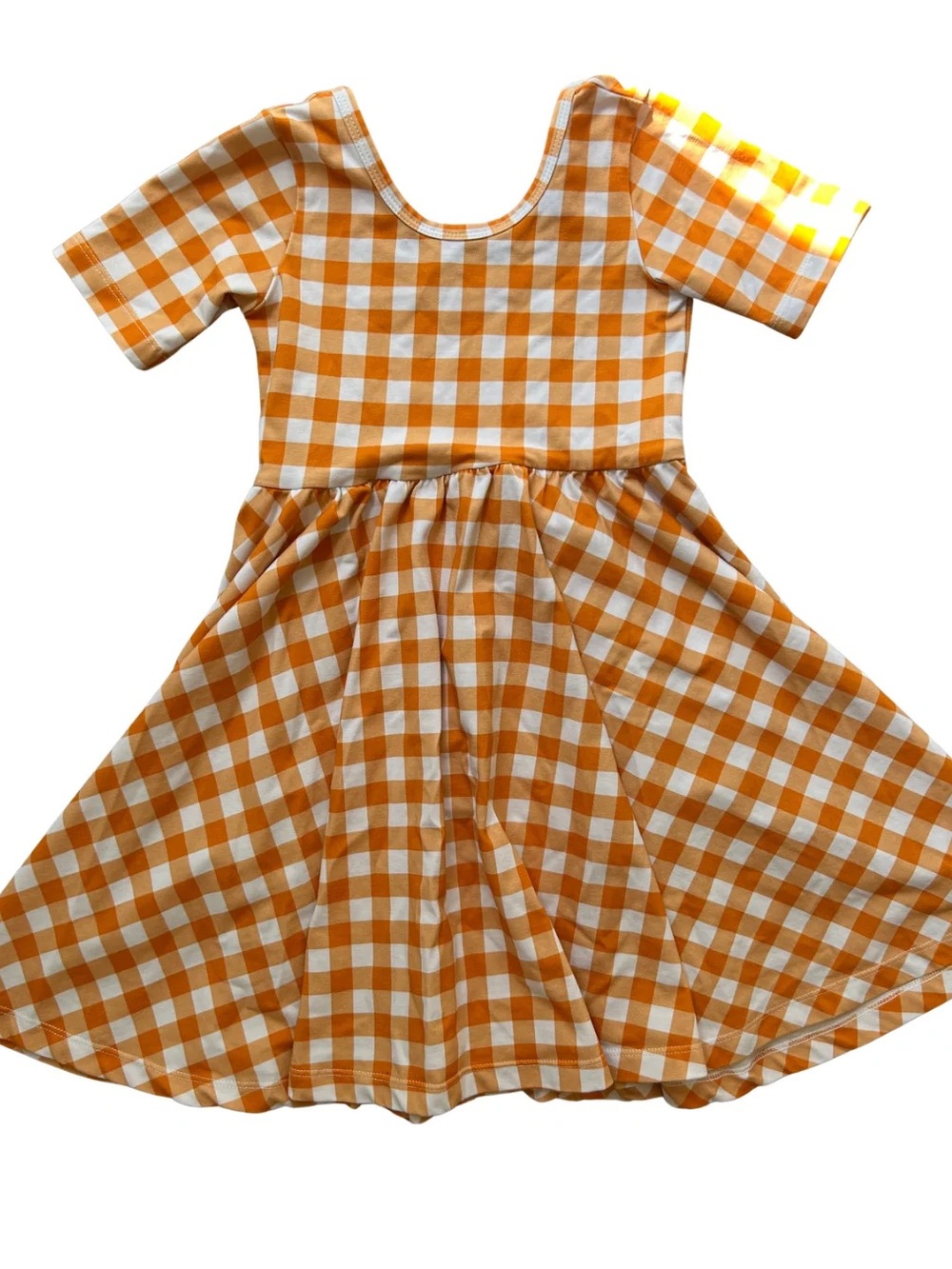 Girls Orange Gingham Scoop Neck Twirl Dress
